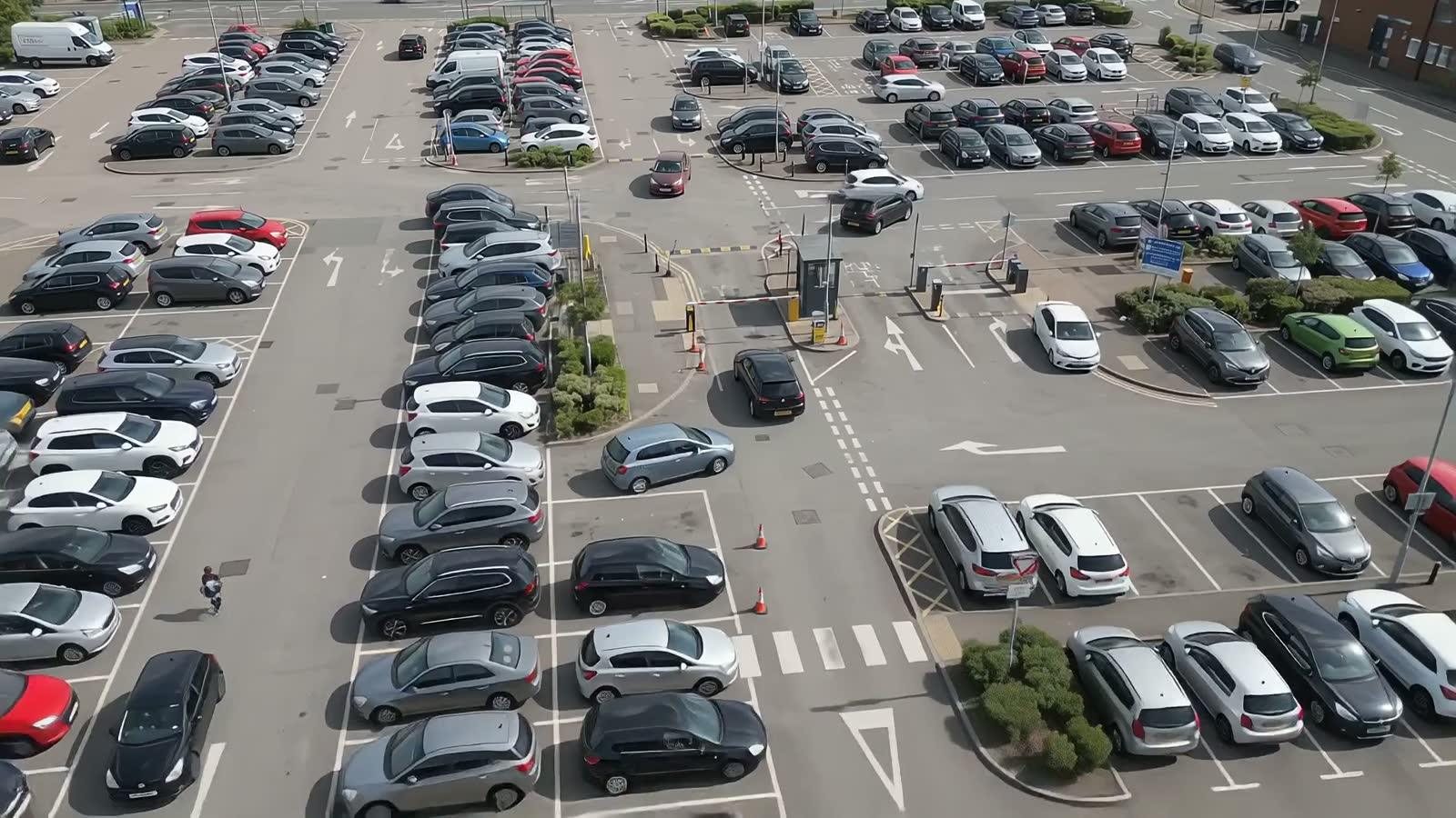 Aerial view of a busy managed car park with cars entering and leaving