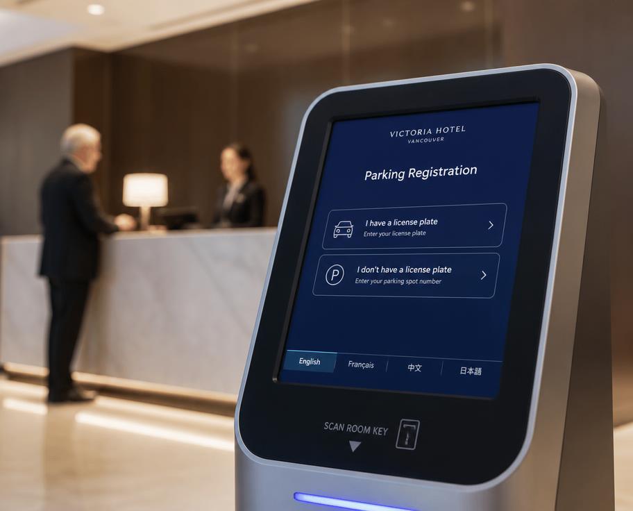 Touchscreen parking registration kiosk in a hotel lobby